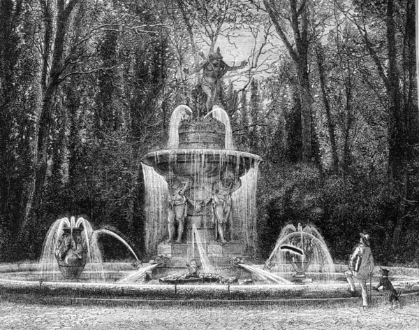 La fuente de Narciso en los jardines de Aranjuez, engra vintage —  Fotos de Stock