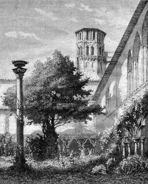 Museum of Toulouse, The large cloister, vintage engraving. — стокове фото