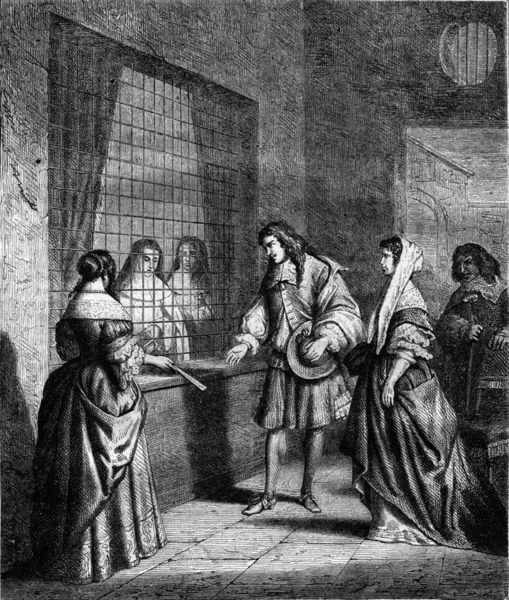 Посещение монастырского салона под руководством Людовика XIV, винтажная гравировка . — стоковое фото