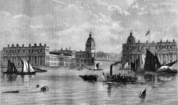 Greenwich Hospital, uitzicht vanaf de Thames, vintage gravure. — Stockfoto