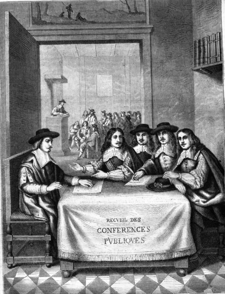 Conferenties van de zeventiende eeuw, frontispiece van een boek o — Stockfoto