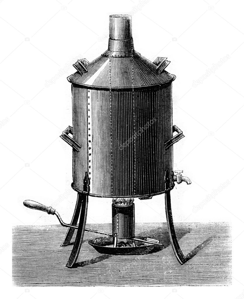 Apparatus for making beer, vintage engraving.