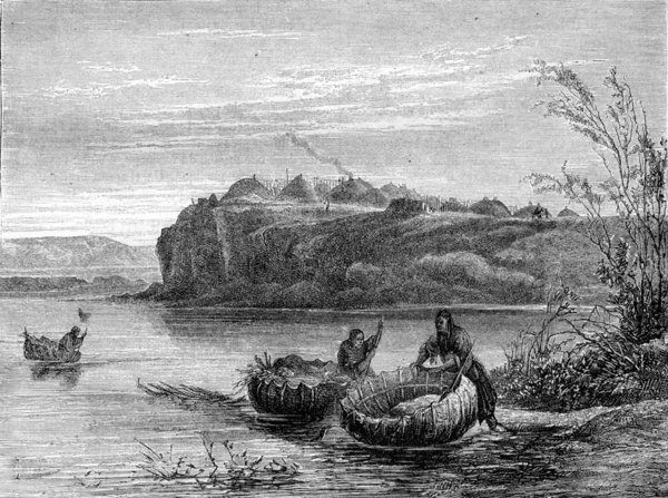 Mandan village and boats, vintage engraving. — стокове фото