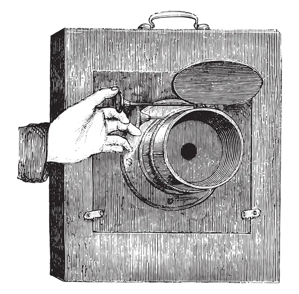 Lente de obturador móvil para fotografía instantánea, grabado vintage . — Archivo Imágenes Vectoriales