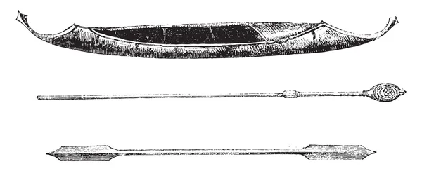 Birchbark canoe Tungus of central Amour, below, oars, vintage en — Stock Vector
