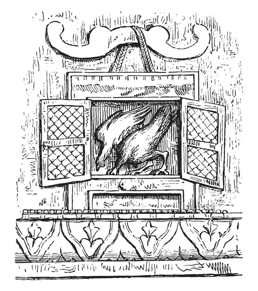 Cage sacred chickens, vintage engraving. — Stok Vektör