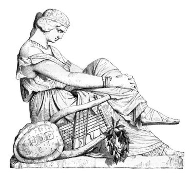 Sappho, Pradier'in son heykeli, vintage gravür.
