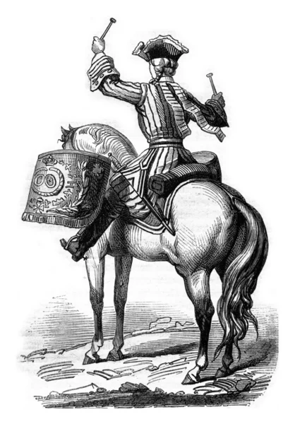 Timpanist generaal van de cavalerie kolonel in 1724, vintage engrav — Stockfoto