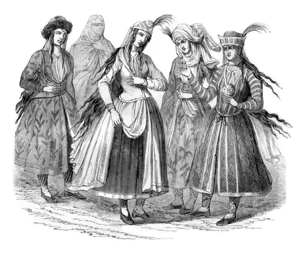 Ladies Persian costumes in 1666, vintage engraving. — Stock Photo, Image