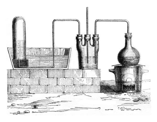 Dispositif pour préparer l'acide chlorhydrique, gravure vintage . — Photo