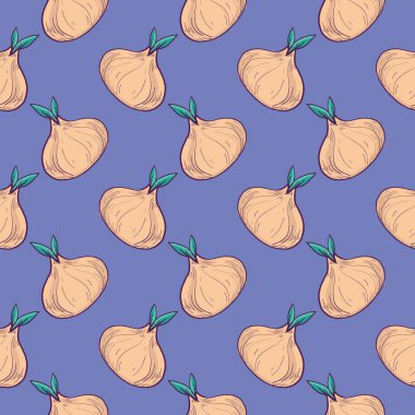 Altın soğan, mor arka planda pürüzsüz bir desen..