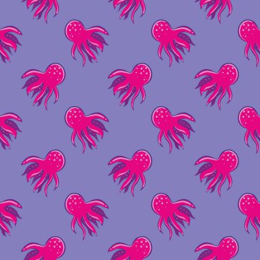 Pembe mürekkep balığı, mor arkaplanda pürüzsüz desen..