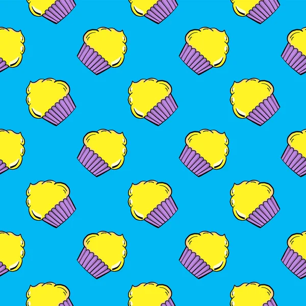 Gelber Cupcake Nahtloses Muster Auf Blauem Hintergrund — Stockvektor