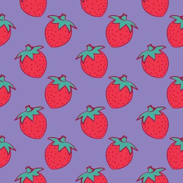 Süße Rote Erdbeere Nahtloses Muster Auf Dunkelviolettem Hintergrund — Stockvektor