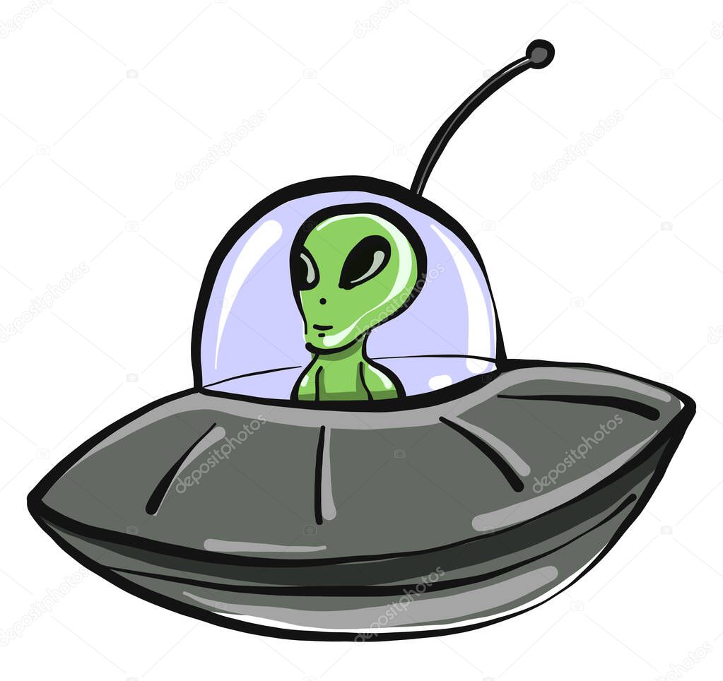 Green alien in a spaceship,illustration,vector on white background