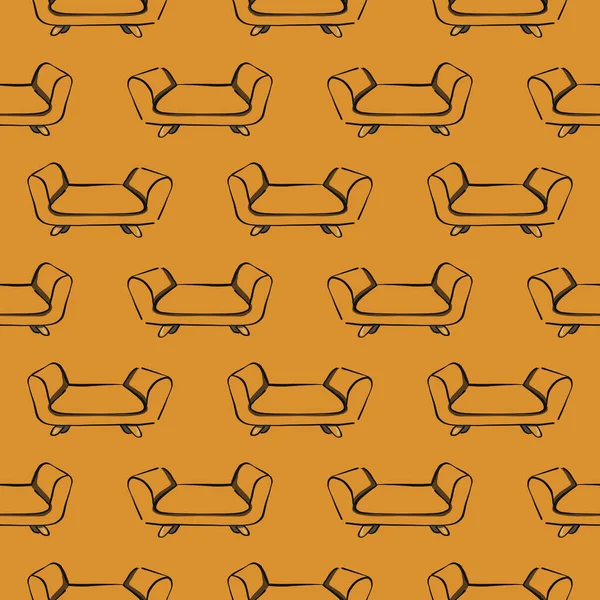 Yellow Sofa Seamless Pattern Mustard Yellow Background — Stock Vector