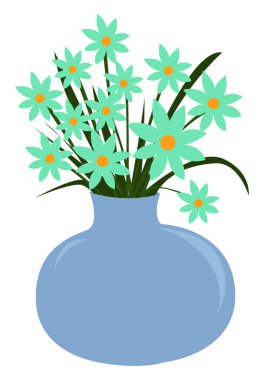 Çiçekli mavi vazo, illüstrasyon, beyaz arkaplanda vektör.