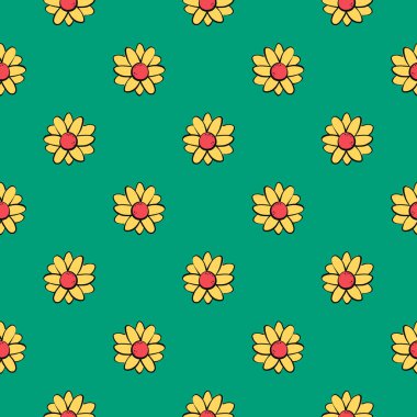 Sarı papatya çiçeği, yeşil arka planda pürüzsüz desen.