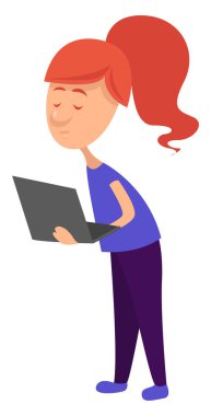 Dizüstü bilgisayarı, çizimi, beyaz arka planı olan bir kız..