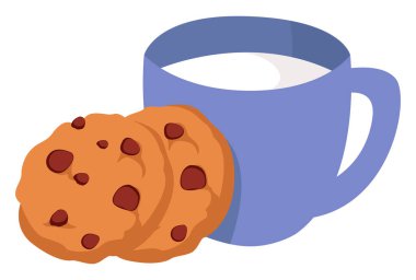 Kurabiyeler ve süt, illüstrasyon, beyaz arkaplanda vektör.