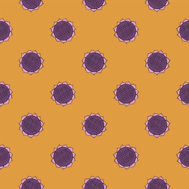 Mor ayçiçekleri, turuncu arka planda pürüzsüz desen.
