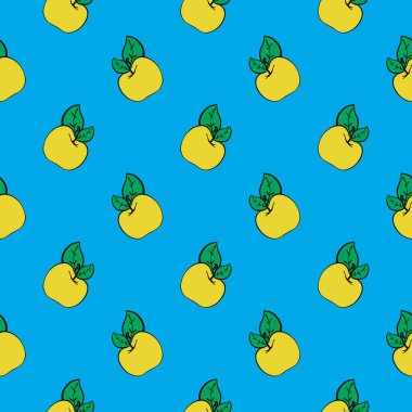 Sarı elma, mavi arkaplanda pürüzsüz desen.