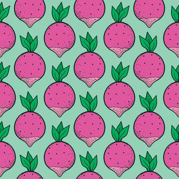 Rábano Rosado Pequeño Patrón Sin Costuras Sobre Fondo Verde — Vector de stock