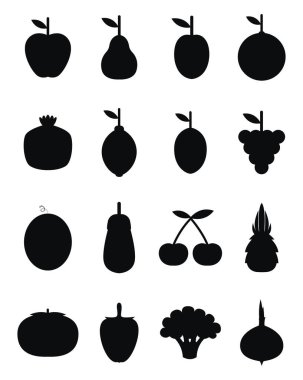 Siyah meyve ve sebzeler, illüstrasyon, beyaz arkaplanda vektör.