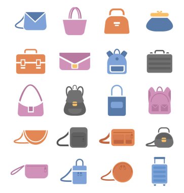 Beyaz arkaplanda torba türleri, illüstrasyon, vektör.