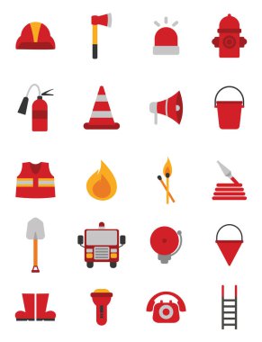 İtfaiye ekipmanları, illüstrasyon, beyaz arka planda vektör.