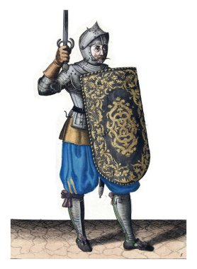 Muşamba ve rapier ile egzersiz: asker daha yüksekte tutmaz onun yüzüne daha rapier, 1618, vintage oyma.