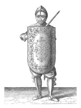 Branda ve rapier ile egzersiz: asker, göğüs için branda tutar ve sol omuz karşı rapier, 1618, eski oyma.
