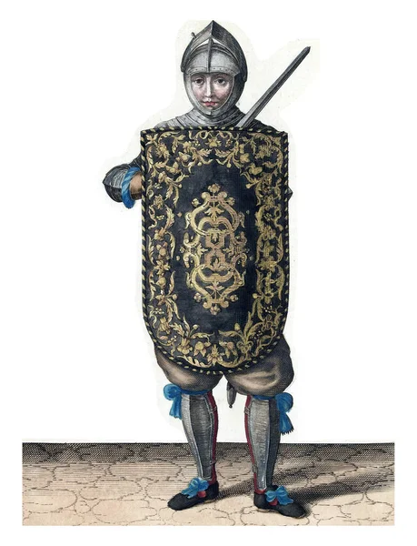 佩带防水布和剑的练习 1618年 士兵挺直身子 拿起刀枪 在胸前涂上防水布 面颊张开 刻上了古老的版画 — 图库照片