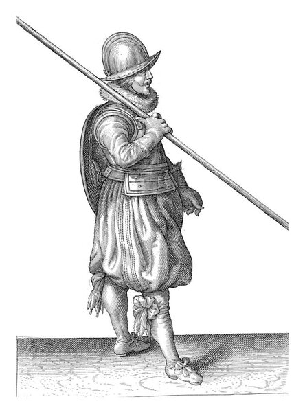 The exercise with shield and spear: the soldier with the spear in the safe and correct posture when marching, vintage engraving.