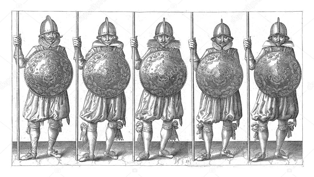 The exercise with shield and spear: five soldiers standing side by side in ranks with the spear resting in the right hand on the ground and the shield in front of the chest, vintage engraving.