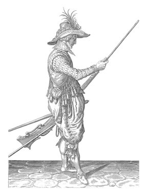 Bir asker, sağ tarafta, sol kalçasıyla bir tüfek tutuyor ve sağ elini barutu ve kurşunu itmek için kullanıyor, eski model oyma..