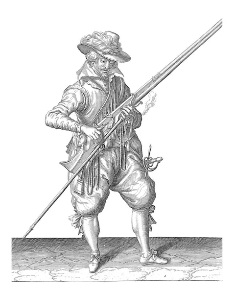 Voják Plný Délky Napravo Který Drží Mušketu Určitý Typ Střelné — Stock fotografie