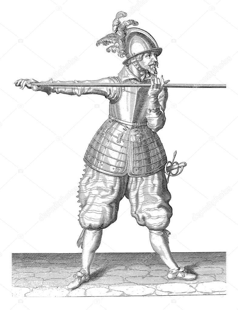 A full-length soldier carrying a spear (lance) with both hands horizontally at shoulder height with his right hand at the base of the weapon, vintage engraving.