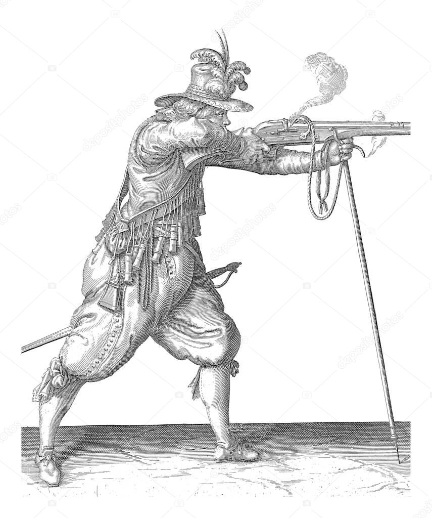 A soldier, full-length, to the right , who is aiming a musket (a particular type of firearm) with both hands at a target, resting the barrel on a furket (musket fork), and firing, vintage engraving.