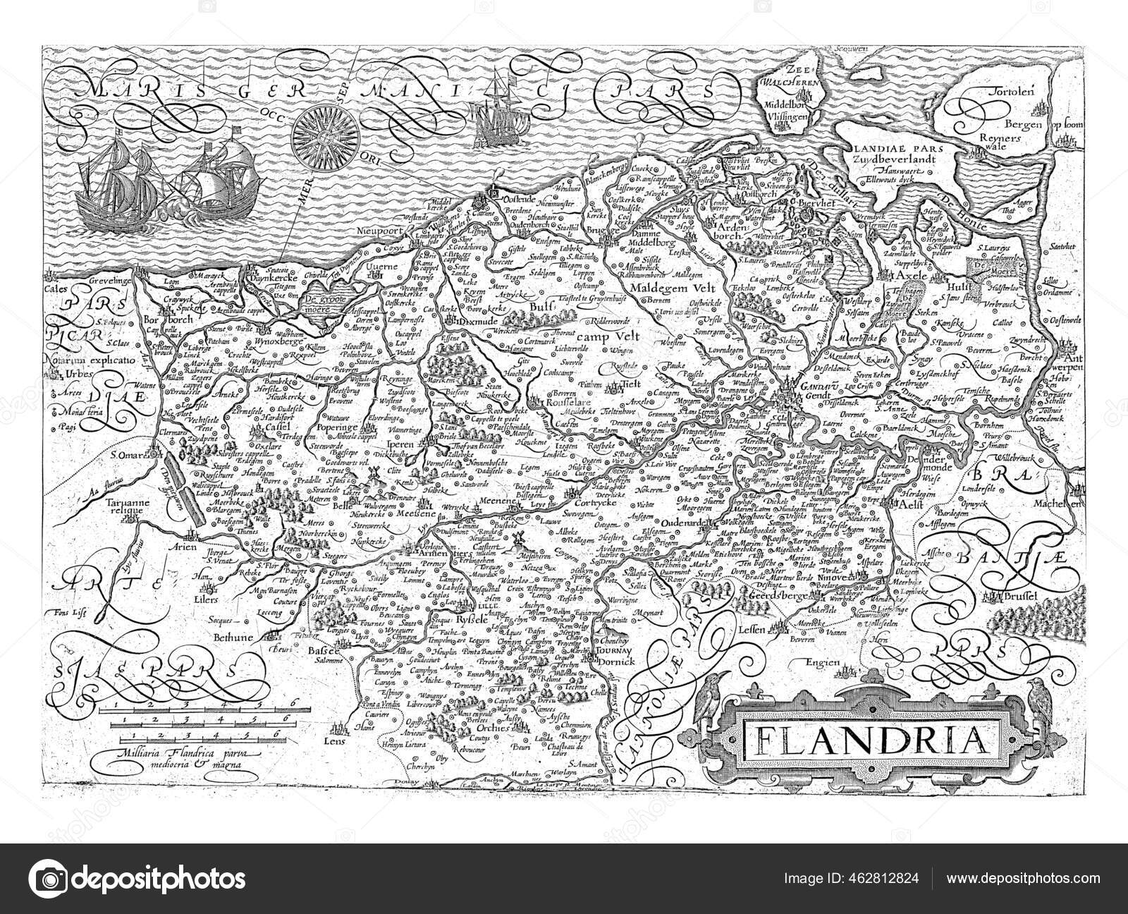 Карта Фландрии 1600 Питер Ван Дер Кир 1580 1604 Карта Стоковая.