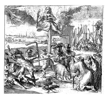 Fransız çizgi filmi De Fransman en de Hollander 'a Hollanda cevabı, 1673, eski gravür..