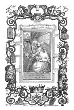 Title print with a central depiction in which Father Time holds up a mirror to a young woman with a globe, vintage engraving. clipart
