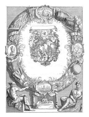 Eylem kabini ya da Quinquenpoix Voorhof 'u olan başlık sayfası, eski gravür.