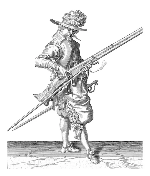 Voják Správné Umístění Tvarování Knotu Péro Jeho Muškety Vinobraní Rytí — Stock fotografie