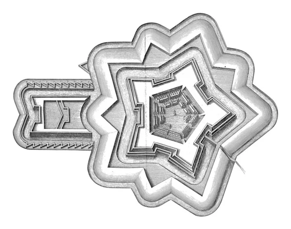 イザベラ砦のフロアプラン 街の外のスペインの要塞 フレデリック ヘンリーの下で州軍による包囲中 ヴィンテージ彫刻 — ストック写真