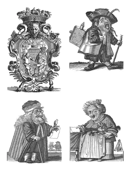 Hoja Con Caricaturas Enanos Comercio Del Viento 1720 Grabado Vintage —  Fotos de Stock