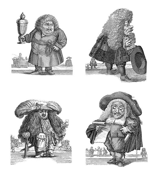 Sheet with caricatures of dwarfs and the wind trade, 1720, vintage engraving.