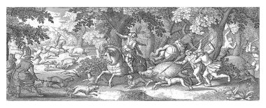 Men on horseback and on foot hunt four pigs with spears and an ax. Dogs drive the animals further. One of the dogs is injured or dead on the ground.