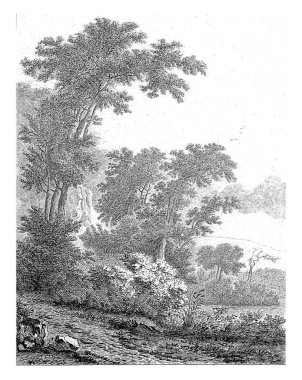 Landscape with tall trees and water on the left.