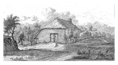 A farm with a straw roof. Trees to the left and behind the farm. In the foreground a man seen from behind.